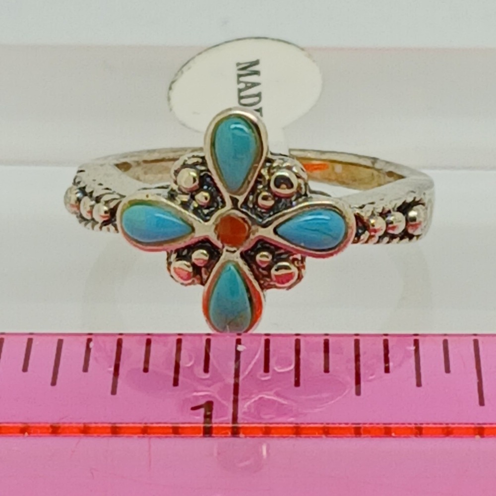 Vintage 90s BOMA Sterling Silver Turquoise Coral Flower Ring Size 6 Thailand NOS - Picture 9 of 16